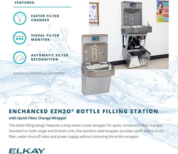 Elkay LZSTL8WSSP Enhanced Bottle Filler & Bi-Level ADA Cooler Refrigerated Stainless High Capacity Lead Drop Down Wrapper