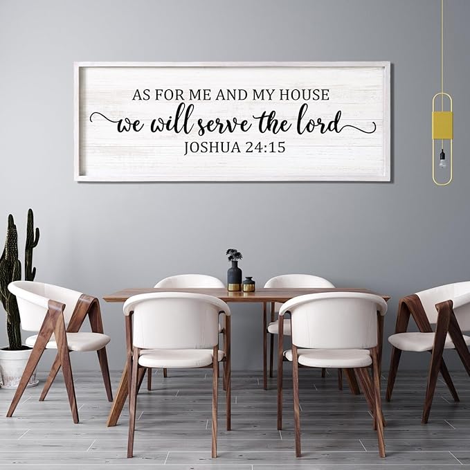 As For Me And My House We Will Serve The Lord Framed Wall Art, 40''×15'' Positive Religious Rustic Bible Verse for Christian God Jesus Christ Prayer, Vintage Horizontal Holy Catholic Scripture Decor