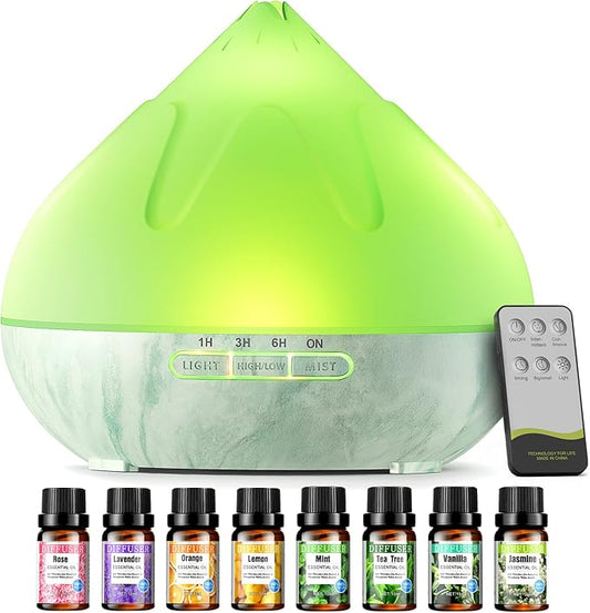 Aroma Diffuser with Essential Oils Set, 500 ML Essential Oil Diffuser with Remote Control, Humidifier with 14 Color Lights for Large Room, 4 Timer Setting, Auto Shut-Off Green