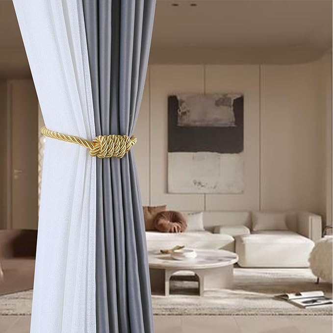 Fenghuangwu 4Pack Magnetic Curtain Tiebacks – Bohemian Style Handmade Woven Tie-Backs for Drapes,Elegant Exquisite Knot Holdbacks,Outdoor Boho & Modern Home Decor（Gold
