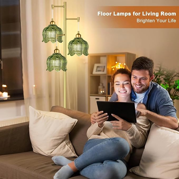 Gold Floor Lamp for Living Room,Bedroom,Mid Century Modern Standing Lamp Brass Tree 3 Light Tall Floor Lamps Vintage Retro Floor Lights Glass Green Flower Lamp Shade Farmhouse Boho Bohemian