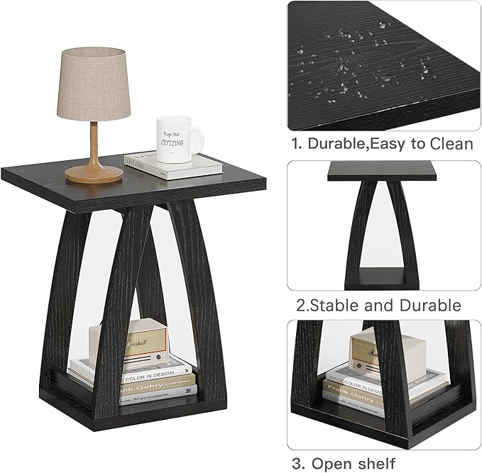 End Tables Living Room, Side Table Beside Sofa, Nightstand for Bedroom, Couch Side Table with Shelf, Modern End Table for Living Room, Black End Table