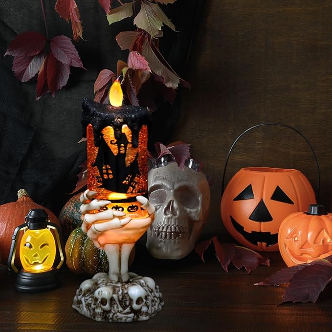 Eldnacele Halloween Snow Globe Candles Lighted Lamp USB Powered Battery Operated Spooky Spinning Water Glittering Tornado Flameless Candles Skeleton Hand Holder Halloween Centerpiece Decor(Castle)