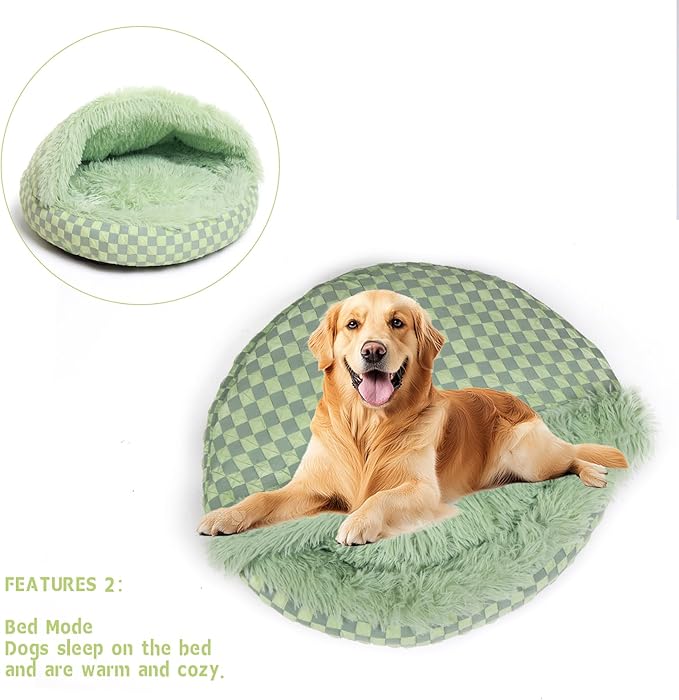 Cat Bed Hooded Plush Nest with Self-Warming Cozy Cave, Calming Anti-Anxiety Pet Bed for Indoor Cats & Small Dogs, Removable Washable Cover & Waterproof Bottom - Green