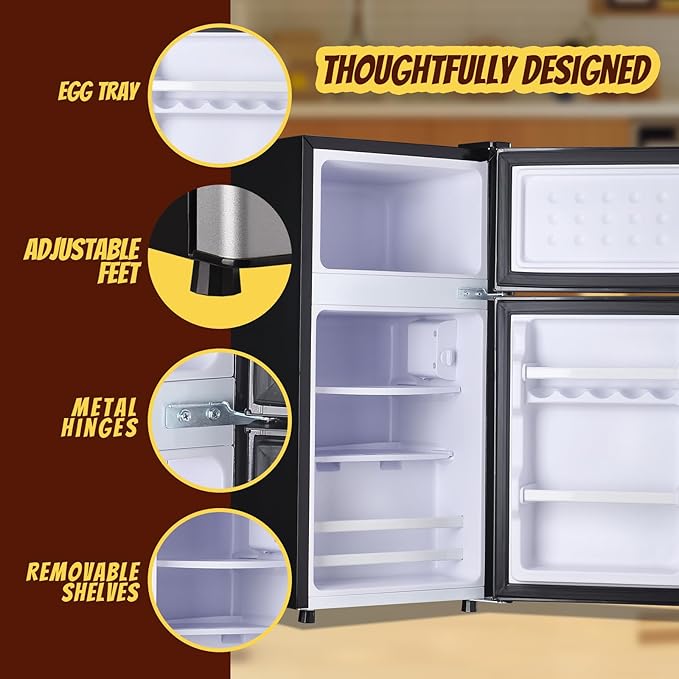 2.4 Cu.ft Mini Fridge Small Refrigerator with Freezer Dual Door Dorm Fridge for Personal Senven Temp Gear Suit for Apartment, Bedroom, Rv Silver