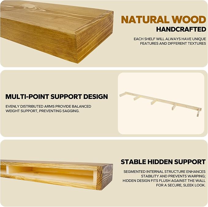 Floating Shelves 3 inch Thick for Wall Set of 2,Solid Pine Wood Wall Mount Shelf for Kitchen Living Room Bedroom Bathroom,8" D x 60" L x 3" H-Gold Oak