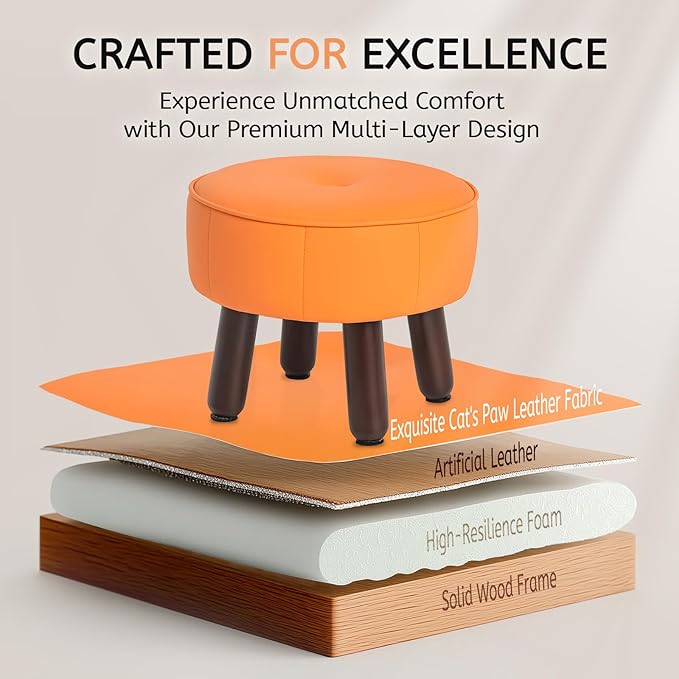 13in Small Foot Stool Ottoman, Round Faux Leather Foot Rest for Couch, Under Desk Pouf Footstool Footrest with Non-Skid Rubber Legs for Ling Room, Bedroom, 13''L x 13''W x 10.2''H, Orange