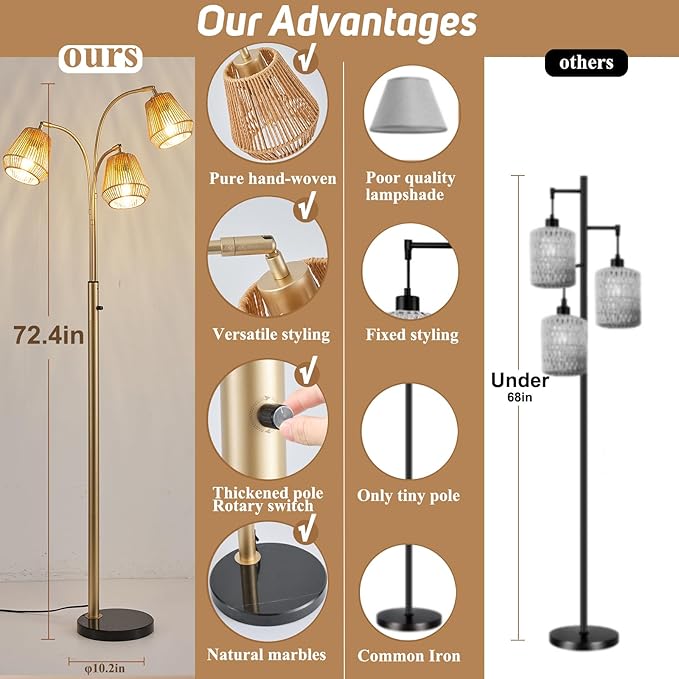 Gold Rattan Floor Lamp for Living Room, 72 Inch Tall Boho Floor Lamp with Rotary Switch, 3 Lights Arc Lamp with Wicker Shade for Coastal,Bohemian,Modern,Tree Farmhouse Standing Lamp
