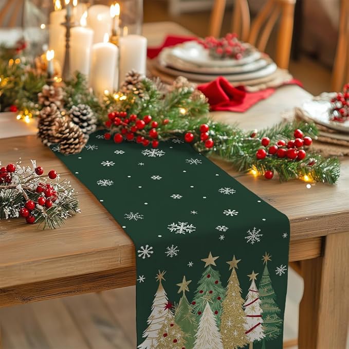 GEEORY Christmas Table Runner 13x36 Inch, Xmas Trees Snowflakes Holiday Decorative Farmhouse Table Decoration for Kitchen Dinning, Indoor Outdoor Dinner Party Decor (Green) GT152-36