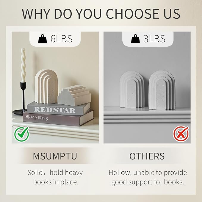 Decorative Bookends for Shelves, Set of 2 Book Ends for Heavy Books, Layered Arch Design Beige Bookend