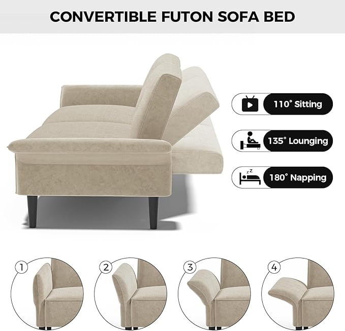 89” Futon Sofa Bed, Velvet Fabric Comfy Futon Couch Bed with 2 Square Pillows, Convertible Sleeper Sofa with Adjustable Backrest& Armrests, Modern Loveseat Sleeper for Living Room, Beige