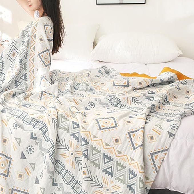 Boho Muslin Blanket for Adults 4-Layer Gauze 80 x 90 Inches Soft Cozy 100% Cotton Cooling Blanket Geometric Farmhouse Decor for Sofa Bed Coverlet Both Sides (Boho-G-Yellow, 80 x 90 in)