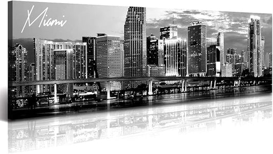 DJSYLIFE Miami Skyline Wall Art Decor Panoramic Cityscape Picture Modern USA City Night View Canvas Prints for Bedroom Office Living Room Decoration Stretched and Framed Ready to Hang 13.8"x47.3"
