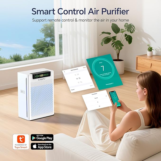 AMEIFU Air Purifiers for Home Large Room, Up to 2400 ft² with Smart WiFi APP Control, Hepa Air Purifier with Washable Filters, PM 2.5 Display for Bedroom, Pets Hair, Pollen, Dander, Smoke