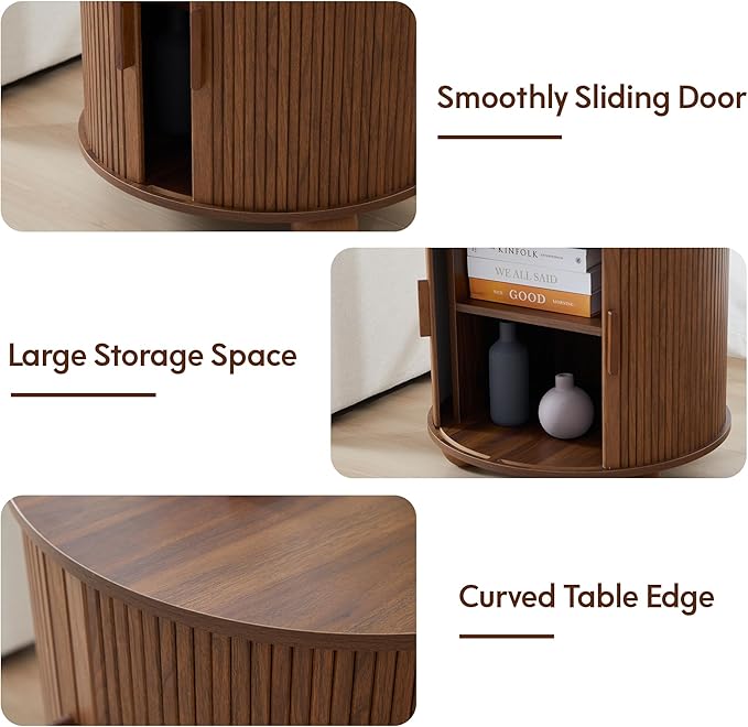 Farmhouse Round End Table with Charging Station, 24" Large Fluted Sofa Side Table with Sliding Tambour Door & Storage, Mid-Century Wood Nightstand for Living Room, Bedroom (Walnut)