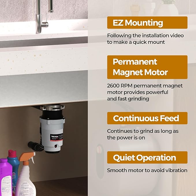1/2 HP Garbage Disposals, TECASA Continuous Feed, Stainless Steel Food Waste Grinding System for Kitchen Sink Food Waste, Power Cord Included, UL Certified - HyperCrush 50