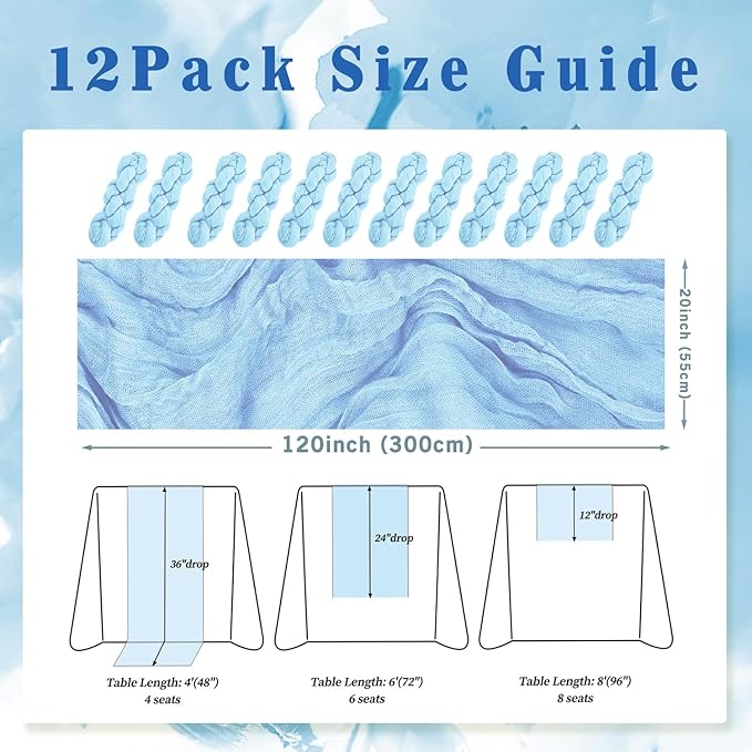 12 Pack Baby Blue Cheesecloth Table Runner 20 x 120 Inch Long Rustic Gauze Cheese Cloth Table Runner for Wedding 10FT Bridal Baby Shower Table Decorations Boho Fabric Sheer Birthday Party Table Decor