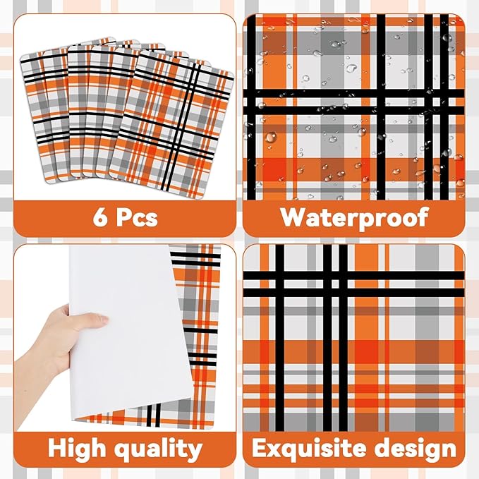 Fall Placemats Set of 6 Fall Orange Black Buffalo Plaid Plastic Table Mats Autumn Thanksgiving Place Mats Halloween Seasonal Table Decoration for Indoor Outdoor Party Kitchen Dining