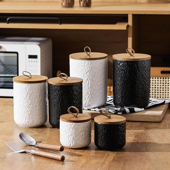 Black White Ceramic Coffee Canister Tea Canister with Seal Wood Lid, Airtight Coffee Storage Container for Coffee Bean, Ground Coffee, Sugar, Cookie Candy jar (White, 800ml)
