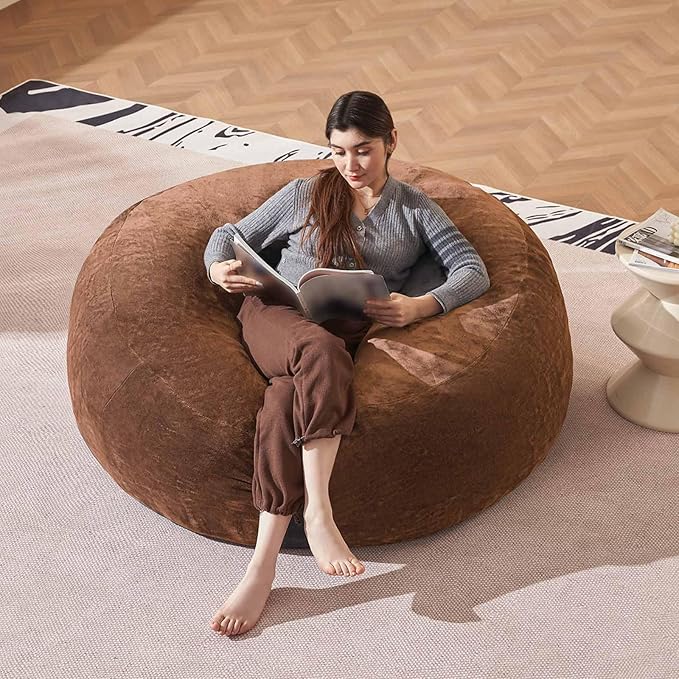 Bean Bag Chair 4Ft, Memory Foam Filled, Large Beanbag Chairs for Adults and Teens, Soft Sofa with Removable Flannel Cover, Round Couch for Living Room Bedroom College Dorm (Coffee, 4FT-47×47"×24")