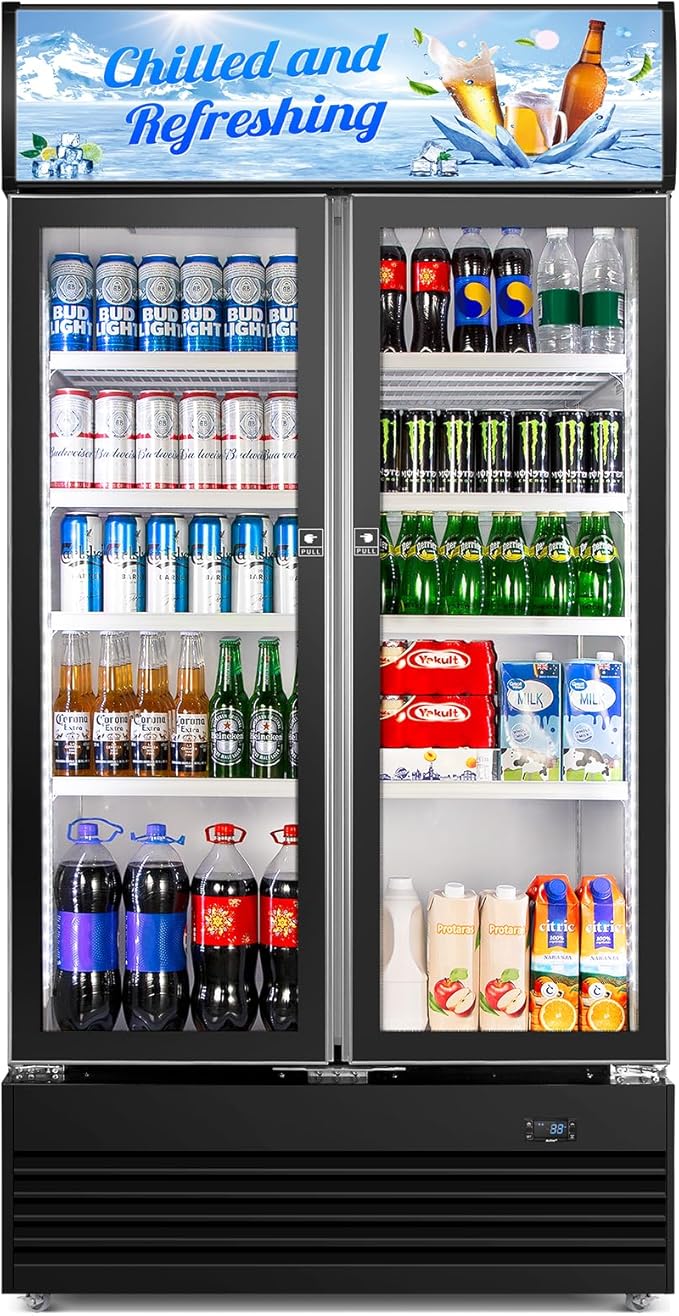 Commercial Beverage Refrigerator, 40 Inch 35 Cu.Ft. Commercial Drink Fridge, Display Refrigerator with Double Glass Door, Commercial Display Fridge with 8 Adjustable Shelves, for Shop,Restaurant,Bar