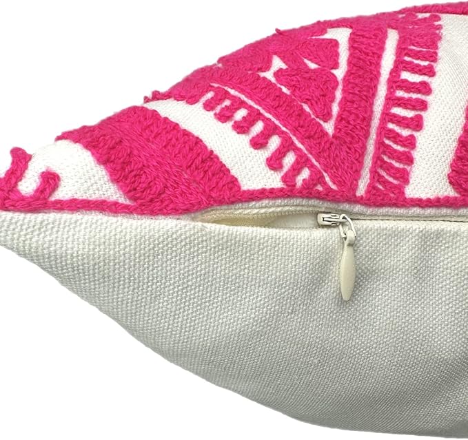 Alysheer Embroidered Decorative Throw Pillow Covers 18x18 inches Set of 2 Pieces, Boho Geometric Modern Chic Classic Pattern Cotton Cushion Cases for Sofa Couch Bed Living Room(Bright Hot Pink)