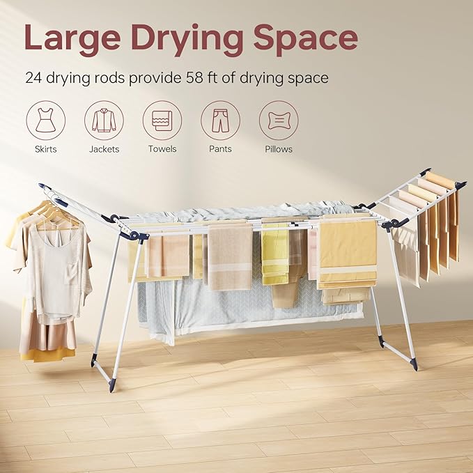 APEXCHASER Clothes Drying Rack Foldable, Large Drying Rack for Clothing Retractable, Winged Laundry Rack Folding Indoor Outdoor, Metal Clothes Airer for Bedding Towel Sweater Heavy Duty, White