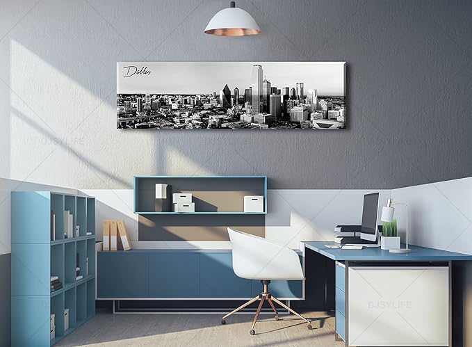 Black and White Wall Art Dallas Skyline Cityscape Skyscrapers Canvas Print Painting Landscape Texas City Buildings Pictures Modern Artwork for Man Room Office Living Room Decoration 13.8"x47.3"