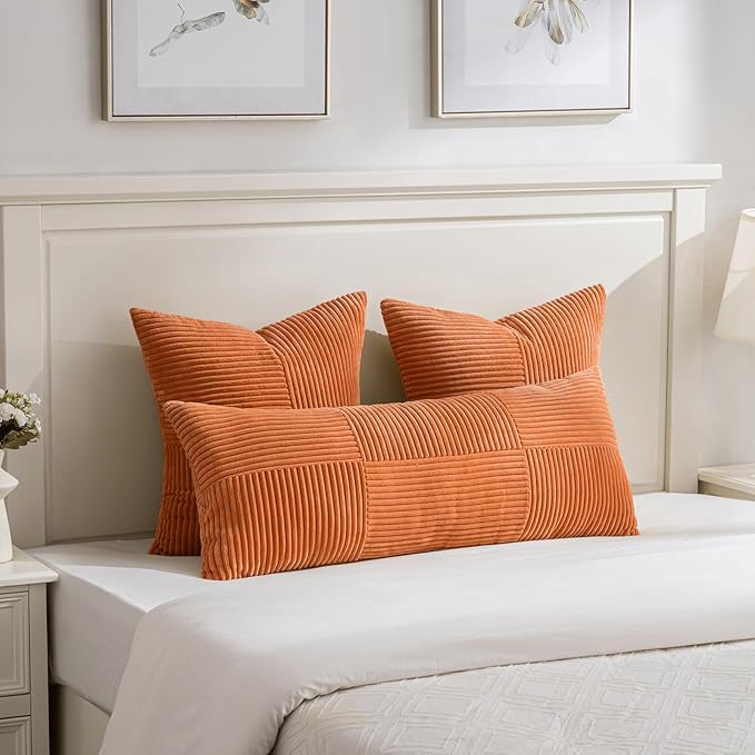 Fancy Homi 2 Packs Burnt Orange Decorative Throw Pillow Covers 20x20 Inch for Living Room Couch Bed Sofa, Rustic Farmhouse Boho Home Decor, Soft Corss Corduroy Patchwork Accent Cushion Case 50x50 cm