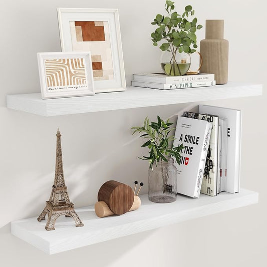 40 Inch Floating Shelves White, 40" W x 9" D Floating Shelf Set of 2, Farmhouse Wood Wall Shelves for Bedroom, Kitchen, Wall Mounted Deep Shelving for Home Decor