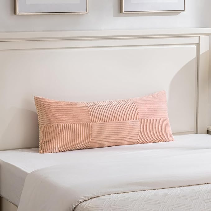 Fancy Homi Set of 2 Peach Boho Long Lumbar Body Decorative Throw Pillow Cover 14x36 Inch for Bed Couch Bedroom Bench, Soft Patchwork Corduroy Textured Pillow Case, Rustic Farmhouse Room Décor
