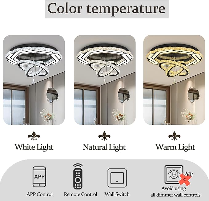 Flashing God Large Crystal Chandelier Dia 48" Black Chandelier Flush Mount Ceiling Light for Bedroom Living Room Dining Room Hallway Dimmable 3 Rings LED Celing Lighting Fixtures