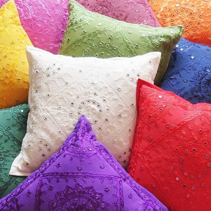 Eyes of India Embroidered Decorative Boho Throw Pillow Cover with Mirrors, Handmade Bohemian Accent Cushion Case for Sofa Couch Bedroom Living Room (Yellow, 24" x 24")