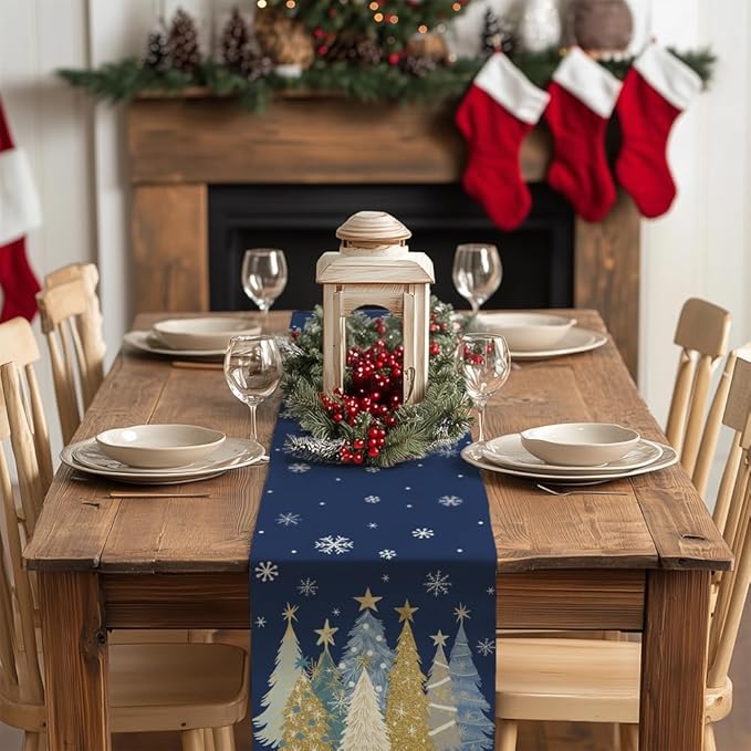 GEEORY Christmas Table Runner 13x36 Inch, Xmas Trees Snowflakes Holiday Decorative Farmhouse Table Decoration for Kitchen Dinning, Indoor Outdoor Dinner Party Decor (Blue) GT151-36