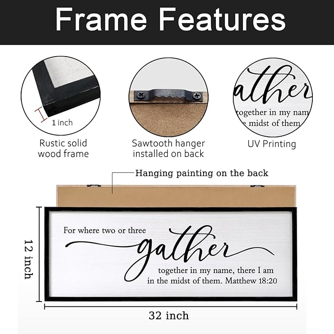 For Where Two Or Three Gather Sign Dining Room kitchen Wall Decor Bible Verse Scripture Matthew 18:20 Wooden Frame 32X12 Inch for Christian Family Hanging Art (Black)