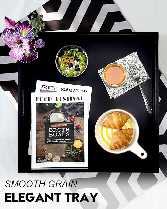 20 Inches Square Wooden Ottoman Tray Black, Large Wood Serving Tray with Handles for Living Room, Serving Food Breakfast, Ottoman Coffee Table Couch Sofa Kitchen