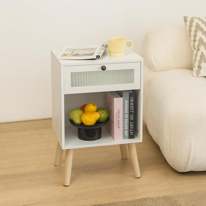 AWASEN White Night Stand, Modern Bedside Table with Glass Storage Drawer and Large Open Shelf, Wood Nightstand Side End Table with Solid Wood Legs for Bedroom, and Small Space, White