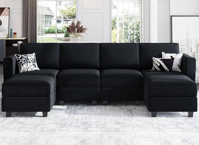 Belffin Modular Sectional Sofa with Reversible Chaises Velvet U Shaped Sectional Couch with Storage Seat Black