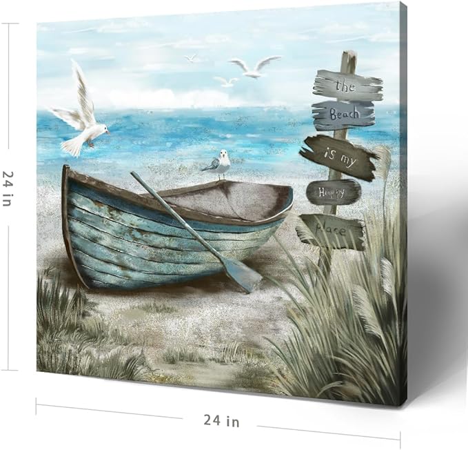 Canvas Wall Art Beach Décor Wall Picture Rustic Coastal Sand Canvas Print Ocean Nautical Painting Seascape Sea Bird Vintage Ship Boat Artwork for Seaside Living Room Bedroom Bathroom Decor Blue Large
