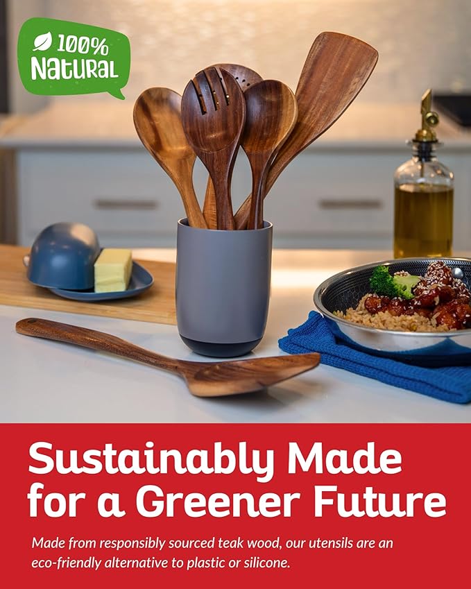 Boxiki Kitchen Luxury Teak Wood Utensil Set - Elegant 6-Piece Cooking Ensemble Including Spoons, Server, Scraper & Spatula - Expertly Crafted for Culinary Excellence