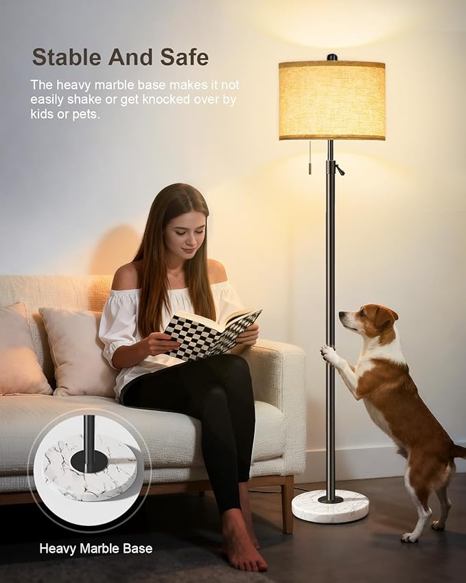 Floor Lamp for Living Room - Adjustable Height Standing Lamp with Marble Base & Linen Shade - Tall Pole Floor Light with 3 Color Temperatures Bulb for Bedroom, Reading - Easy Assembly
