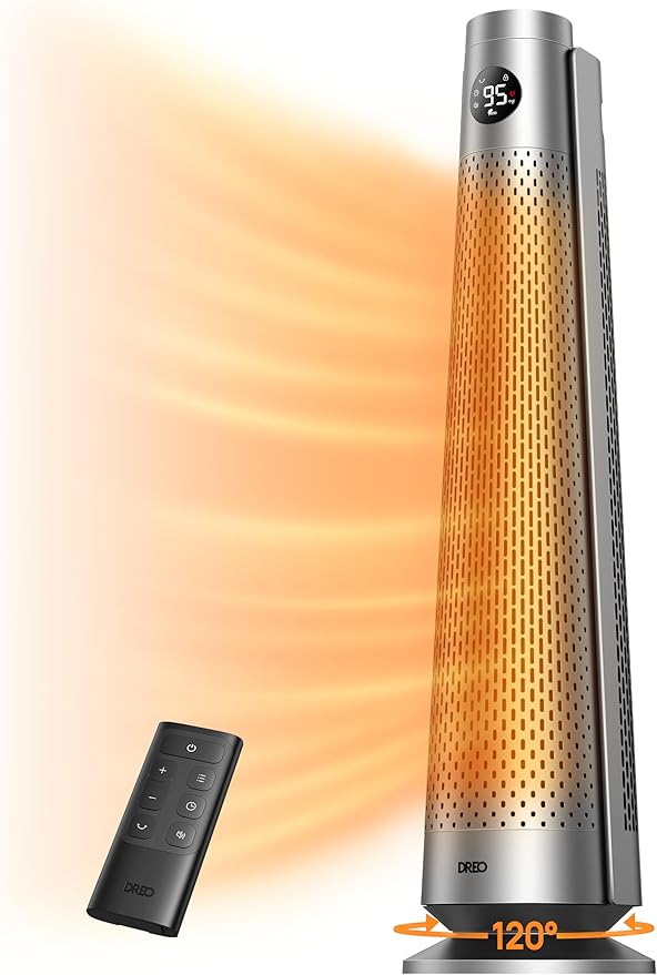 Dreo Space Heater Indoor, 30" Electric Heaters with Remote, 120° Oscillation, Adjustable Thermostat, 5 Heat & 3 Fan levels, 8 Safety Protections, 25dB Quiet, 1-12H Timer, Large Room Bedroom, Silver