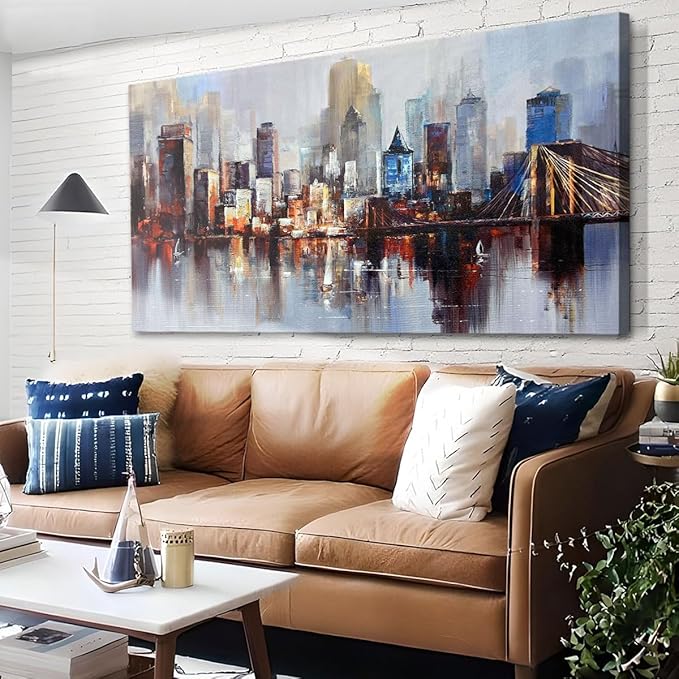 Arjun Brooklyn Bridge Wall Art Modern New York City Abstract Canvas Cityscape Painting, NYC Skyline Textured Picture for Living Room Bedroom Home Office Wall Decor Extra Large Size Framed 58"x29"