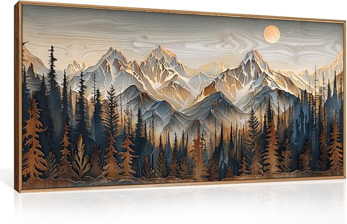 Celestdeco Wood Mountain Framed Canvas Wall Art Set, Pine Trees Wall Painting, Ridge Scenery Wall Decor, Natural Sun Landscape Art Print for Living Room, Bedroom, Dining Room, Office - 20"x40"x1