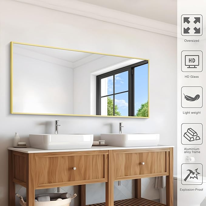 Gold Bathroom Mirror for Wall, 60x30 Inch Rectangle Mirrors with Metal Frame, Modern Vanity Wall Mirror Decor for Bathroom Living Room, Entryway Hangs Horizontal or Vertical