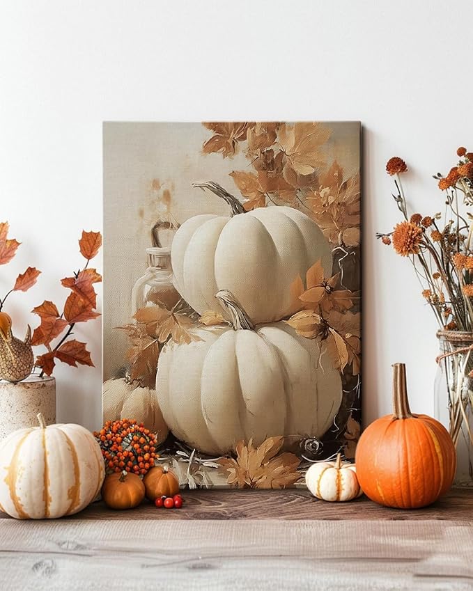 Farmhouse Autumn Pumpkin Wall Art Decor, Rustic Fall Canvas Prints Framed for Living Room Kitchen Dining Room, Thanksgiving Decorations and Cozy Fall Wall Art Picture, Ready to Hang