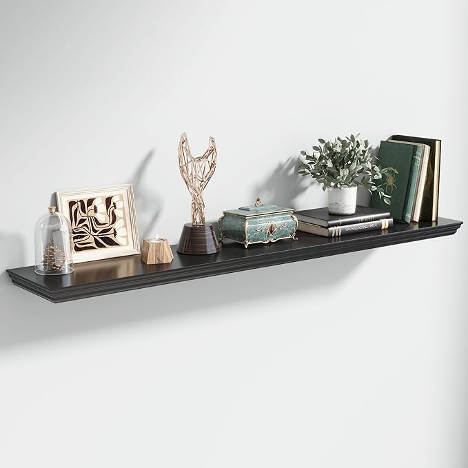 Floating Shelves for Wall, 55 Inch Long Wall Mounted Black Hanging Shelf for Kitchen, Living Room, Office, Bedroom, Bathroom, Retro Vintage Wood Bookshelf for House Decor