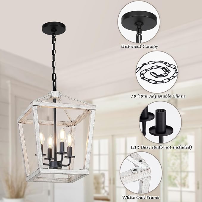4 Light Rustic Chandelier, Farmhouse Lantern Fixture with Brushed White Oak Cage and Adjustable Chain, E12 Base Geometric Hanging Light Fixture Ceiling lighting for Entryway Kitchen Island, Indoor Use
