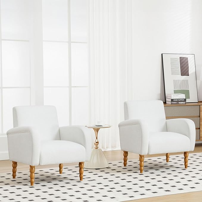 Chenille Fabric Accent Chairs Set of 2, Upholstered Armchair with Solid Wood Legs, Modern Living Room Accent Chair, Comfy Single Sofa Reading Club Chair for Bedroom Reception Lounge, White