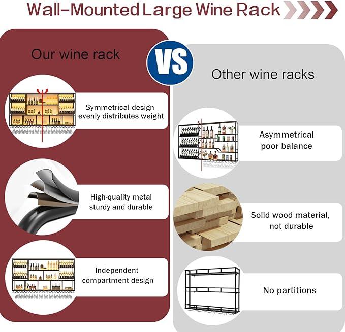 59Inch Wall Mounted Wine Rack, 3 Tiers Large Bar Shelves with 14 Glass Holder, Metal Wine Bottle Display Shelf, Modern Iron Liquor Shelf, for Kitchen Dining, Home Bar, Cellar (59.1" W)